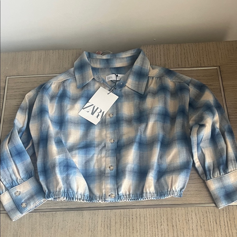 Zara Blue and Cream Checkered Cropped Blouse